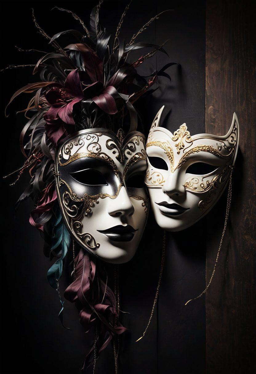 A cinematic scene showcasing an abstract film reel entwined with dark, mysterious tendrils representing taboo themes. Dimly lit visual elements such as a masquerade mask and shadowy figures observing from afar, creating an atmosphere of intrigue and exploration. Subtle hints of vibrant colors peeking through the shadows to signify the richness of adult storytelling. A juxtaposition of bold and soft textures to evoke emotion and curiosity. surreal art. moody tones. vibrant highlights.