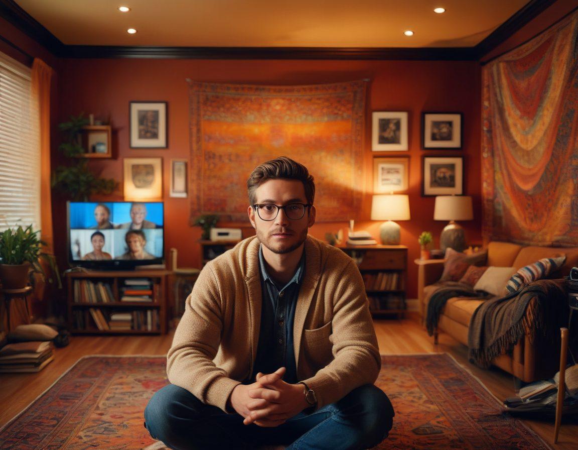 A visual representation of a videographer sitting in a cozy, warmly-lit room, surrounded by various adult media materials, with a tapestry of emotions reflected in their eyes. On one side, a camera focuses on them, capturing their candid storytelling moment. To the other side, a colorful, abstract timeline illustrates the evolution of adult media. Soft shadows create an intimate atmosphere, inviting viewers to explore the depth of sensitive topics. super-realistic. warm tones. intimate setting.